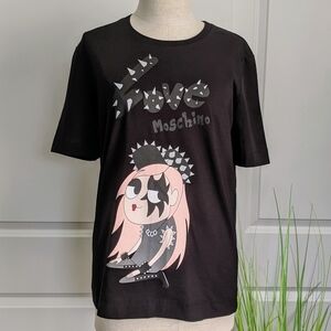 Love Moschino Tee Punk Girl Half Sleeve Crew Neck Fitted Black Pink S IT40 NWT